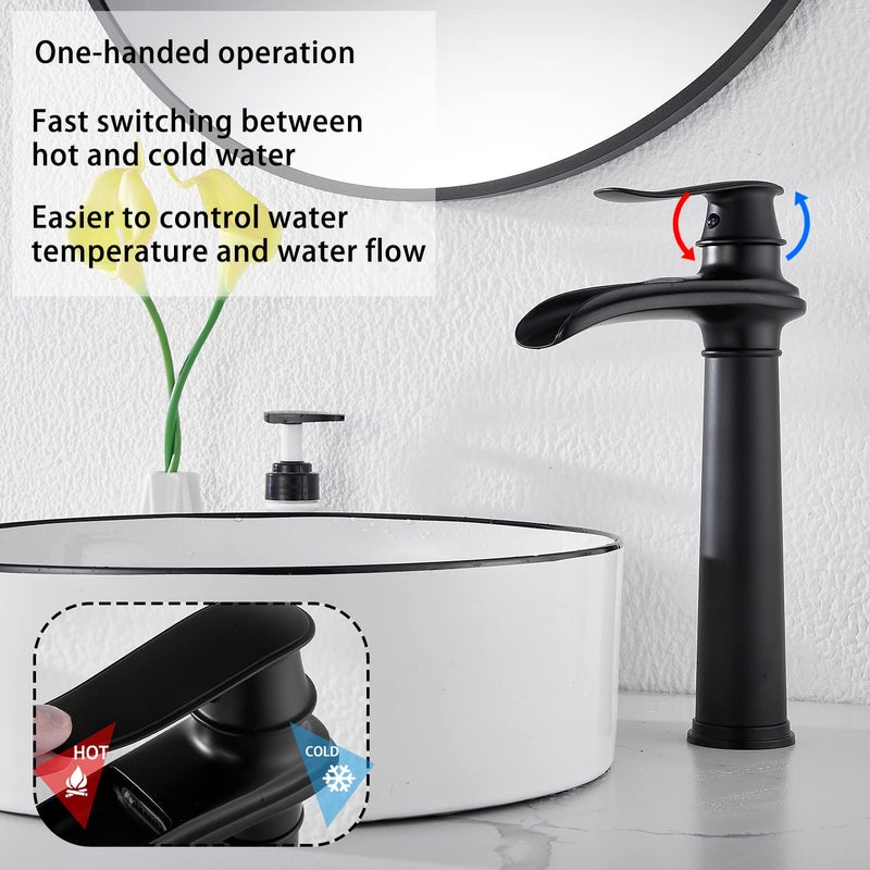 GGStudy Black Bathroom Faucet GGStudy Single Handle One Hole Farmhouse Waterfall Bathroom Vessel Sink Faucet Matte Black Matching with Pop Up Drain - Image 3
